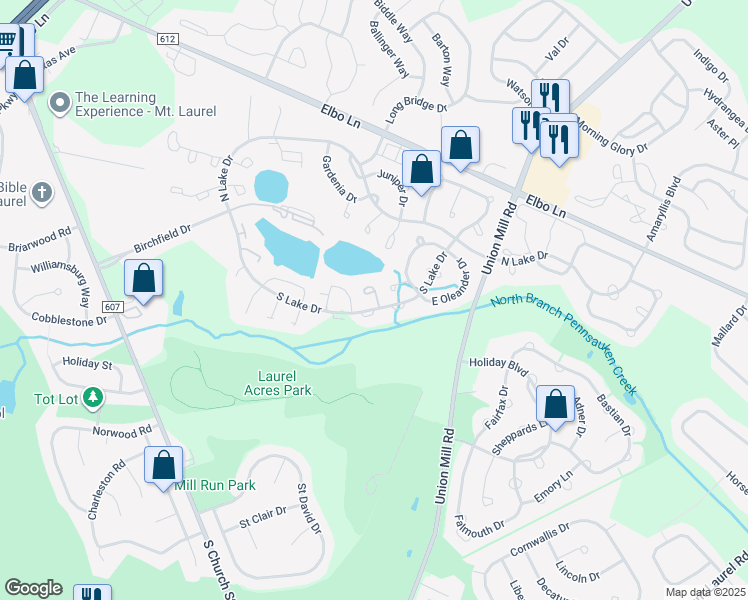 map of restaurants, bars, coffee shops, grocery stores, and more near 92 Primrose Court in Mount Laurel Township