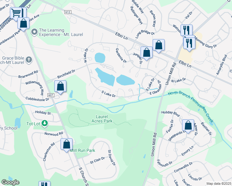 map of restaurants, bars, coffee shops, grocery stores, and more near 7A Sumac Court in Mount Laurel Township