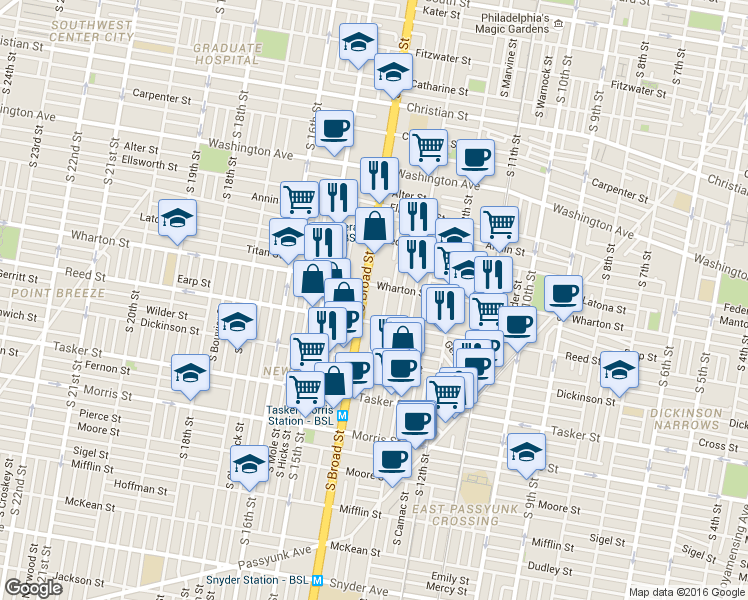 map of restaurants, bars, coffee shops, grocery stores, and more near 1323 Reed Street in Philadelphia