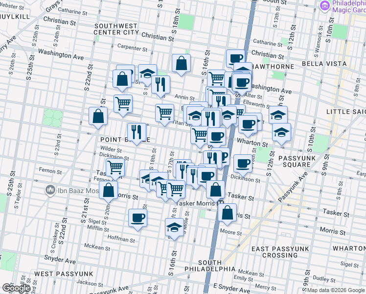 map of restaurants, bars, coffee shops, grocery stores, and more near 1413 South 17th Street in Philadelphia