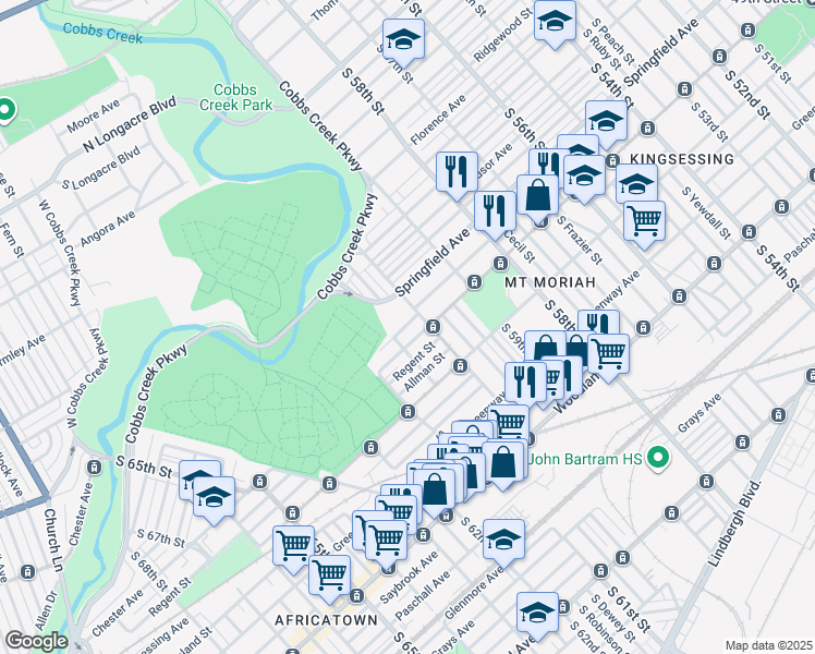 map of restaurants, bars, coffee shops, grocery stores, and more near 6047 Chester Avenue in Philadelphia