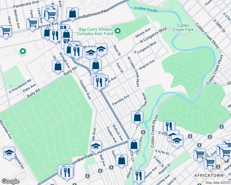 map of restaurants, bars, coffee shops, grocery stores, and more near 737 Revere Road in Yeadon