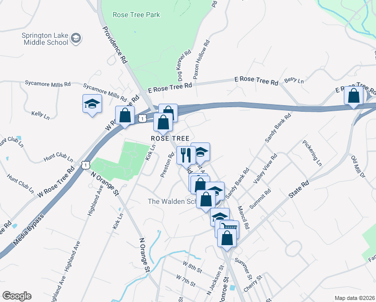 map of restaurants, bars, coffee shops, grocery stores, and more near 1120 First Avenue in Media