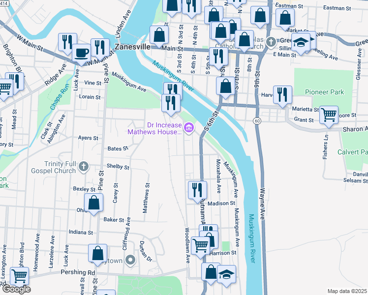 map of restaurants, bars, coffee shops, grocery stores, and more near 228 Adams Street in Zanesville