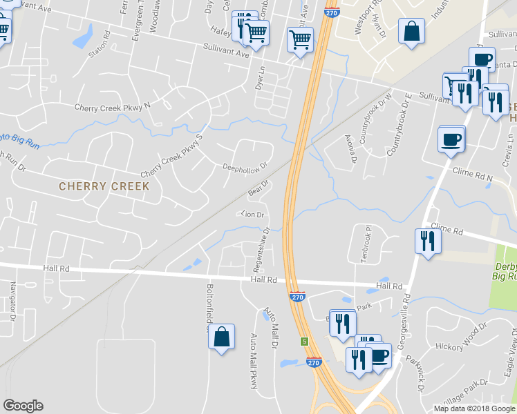 map of restaurants, bars, coffee shops, grocery stores, and more near 4907 Lion Drive in Columbus