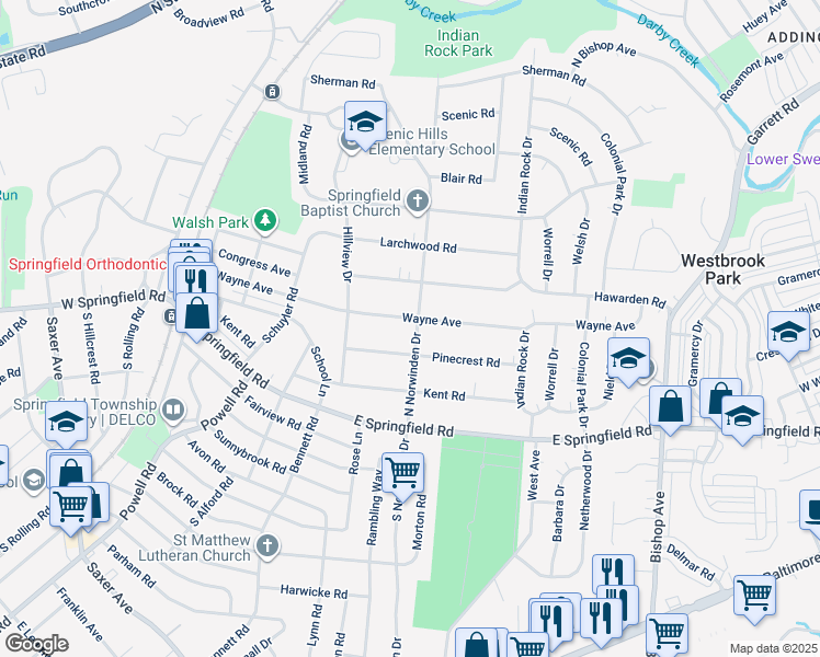 map of restaurants, bars, coffee shops, grocery stores, and more near 86 North Norwinden Drive in Springfield