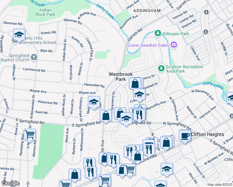 map of restaurants, bars, coffee shops, grocery stores, and more near 310 Westbrook Drive in Clifton Heights