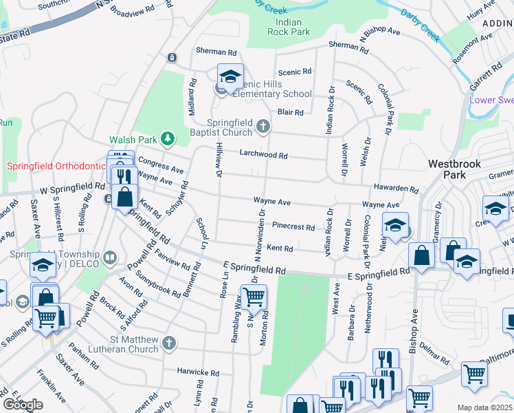 map of restaurants, bars, coffee shops, grocery stores, and more near 86 North Norwinden Drive in Springfield