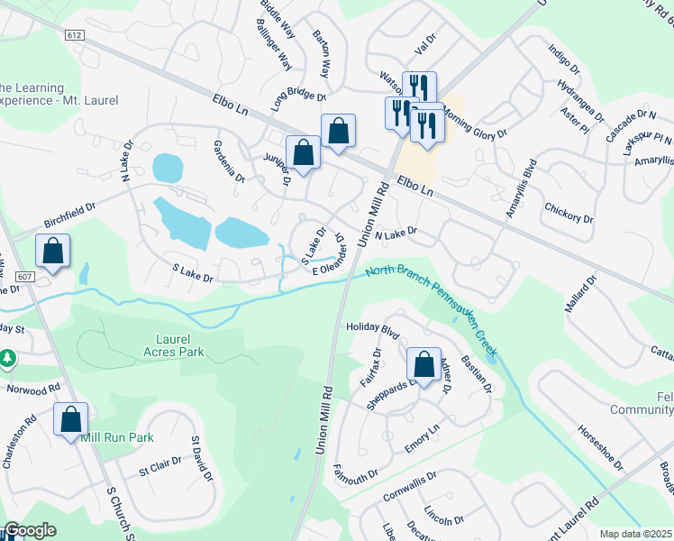 map of restaurants, bars, coffee shops, grocery stores, and more near 23 East Oleander Drive in Mount Laurel Township