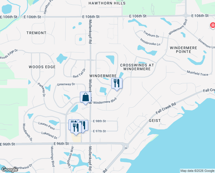 map of restaurants, bars, coffee shops, grocery stores, and more near 10040 Glenn Abbey Lane in Fishers