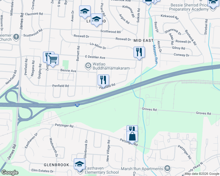 map of restaurants, bars, coffee shops, grocery stores, and more near 3425 Penfield Road in Columbus