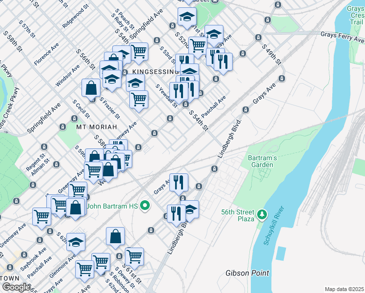 map of restaurants, bars, coffee shops, grocery stores, and more near 5522 Linmore Avenue in Philadelphia