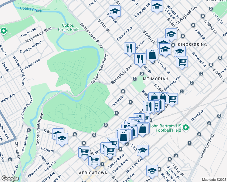 map of restaurants, bars, coffee shops, grocery stores, and more near 6027 Trinity Street in Philadelphia