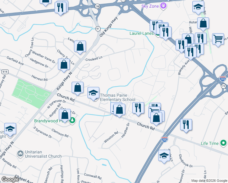 map of restaurants, bars, coffee shops, grocery stores, and more near 21 Church Road in Maple Shade