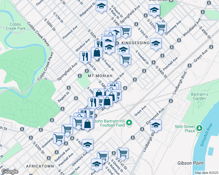 map of restaurants, bars, coffee shops, grocery stores, and more near 2100 South Cecil Street in Philadelphia