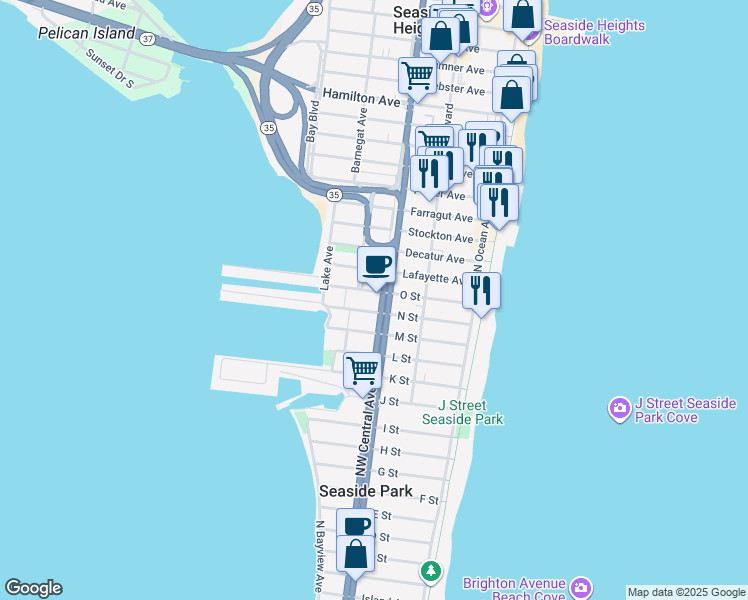 map of restaurants, bars, coffee shops, grocery stores, and more near 1405 Northwest Central Avenue in Seaside Park