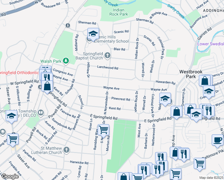 map of restaurants, bars, coffee shops, grocery stores, and more near 414 Wayne Avenue in Springfield