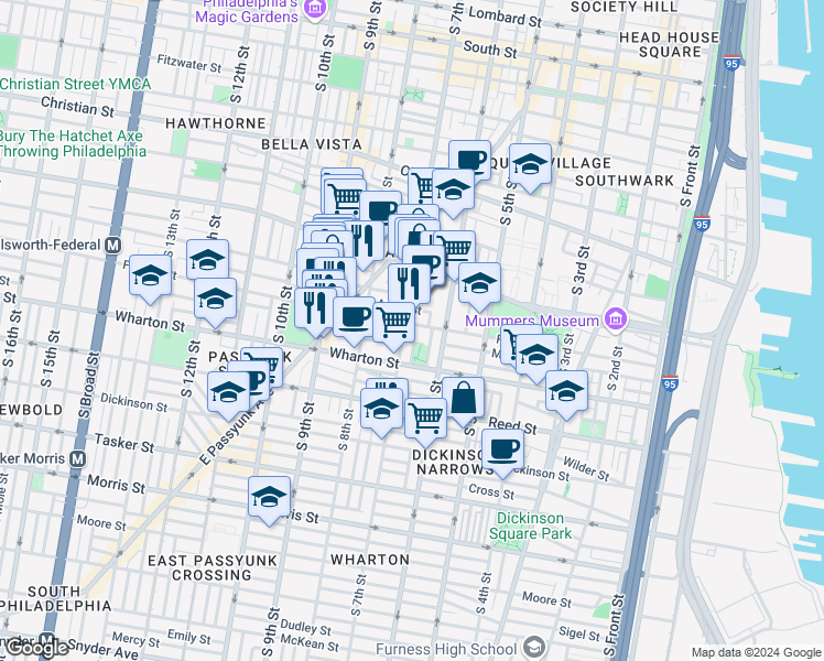 map of restaurants, bars, coffee shops, grocery stores, and more near 636 Federal Street in Philadelphia