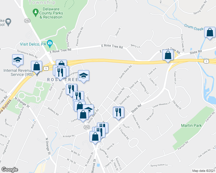 map of restaurants, bars, coffee shops, grocery stores, and more near 380 Sandy Bank Road in Media