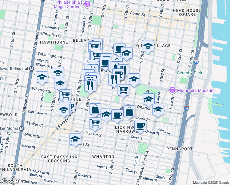 map of restaurants, bars, coffee shops, grocery stores, and more near 636 Federal Street in Philadelphia