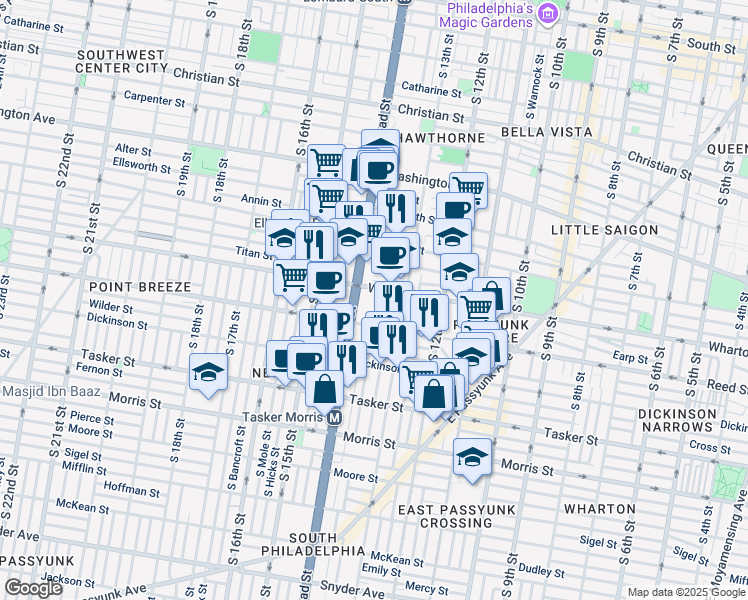 map of restaurants, bars, coffee shops, grocery stores, and more near 1310 South Juniper Street in Philadelphia