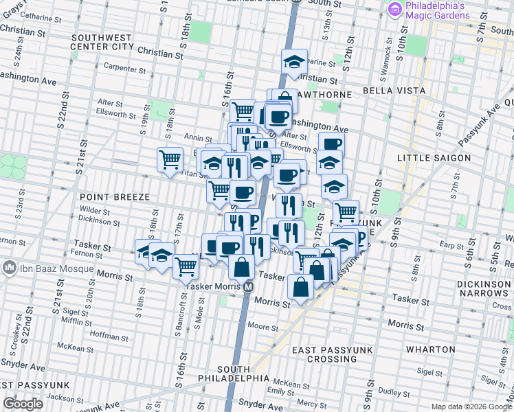 map of restaurants, bars, coffee shops, grocery stores, and more near 1336 South Broad Street in Philadelphia