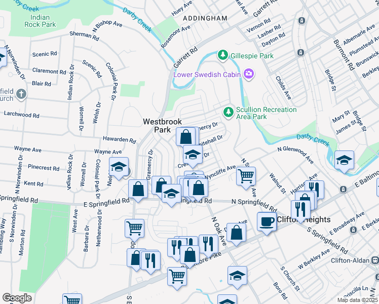map of restaurants, bars, coffee shops, grocery stores, and more near 295 North Oak Avenue in Clifton Heights
