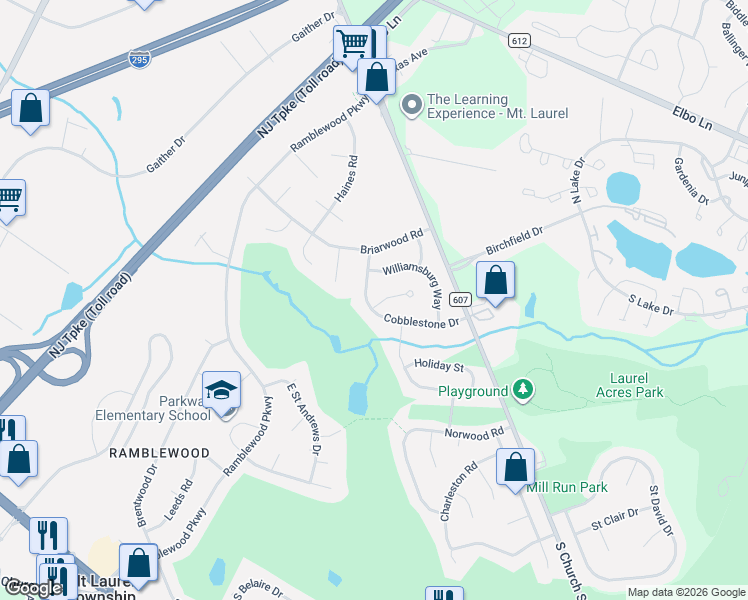 map of restaurants, bars, coffee shops, grocery stores, and more near 127 Cobblestone Drive in Mount Laurel Township