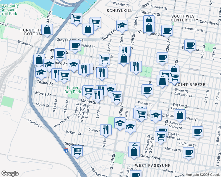 map of restaurants, bars, coffee shops, grocery stores, and more near 1529 South Bailey Street in Philadelphia
