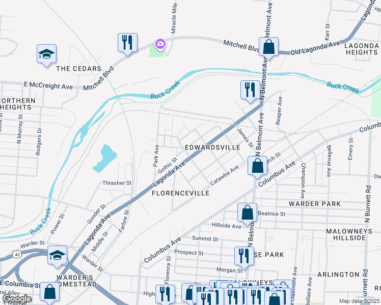 map of restaurants, bars, coffee shops, grocery stores, and more near 1587 Lagonda Avenue in Springfield