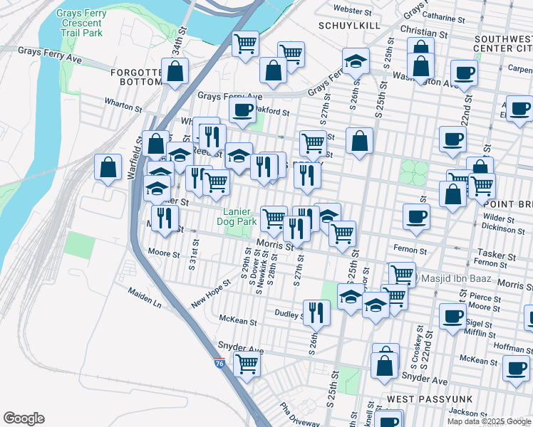map of restaurants, bars, coffee shops, grocery stores, and more near 1553 South Dover Street in Philadelphia