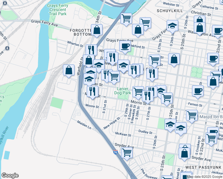 map of restaurants, bars, coffee shops, grocery stores, and more near 1604 South Corlies Street in Philadelphia