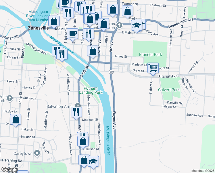map of restaurants, bars, coffee shops, grocery stores, and more near 427 Wayne Avenue in Zanesville