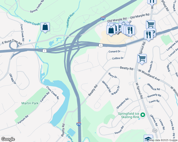 map of restaurants, bars, coffee shops, grocery stores, and more near 531 Collins Drive in Springfield