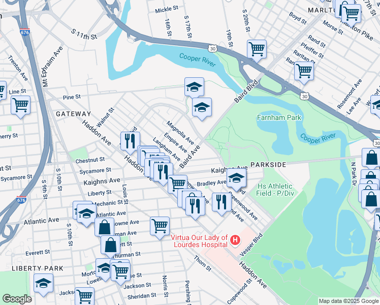 map of restaurants, bars, coffee shops, grocery stores, and more near 1414 Belleview Avenue in Camden