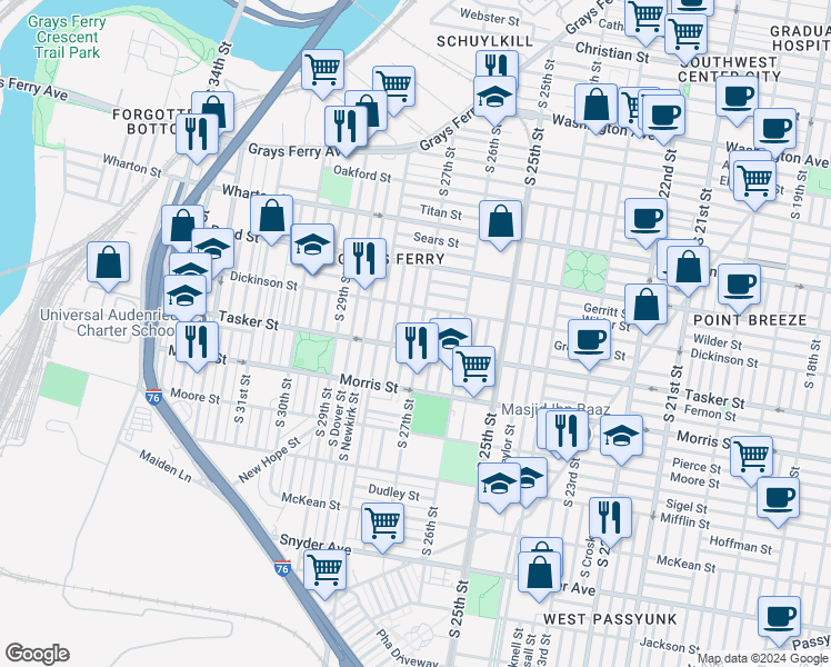 map of restaurants, bars, coffee shops, grocery stores, and more near 1534 South 27th Street in Philadelphia