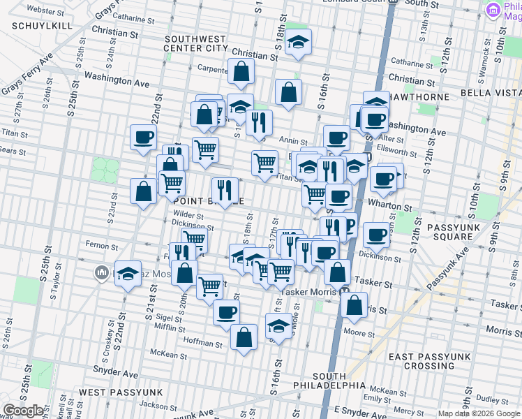 map of restaurants, bars, coffee shops, grocery stores, and more near South Bouvier Street in Philadelphia