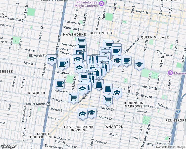 map of restaurants, bars, coffee shops, grocery stores, and more near 1309 South 10th Street in Philadelphia