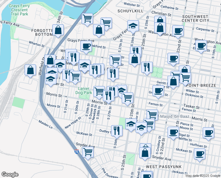 map of restaurants, bars, coffee shops, grocery stores, and more near in Philadelphia