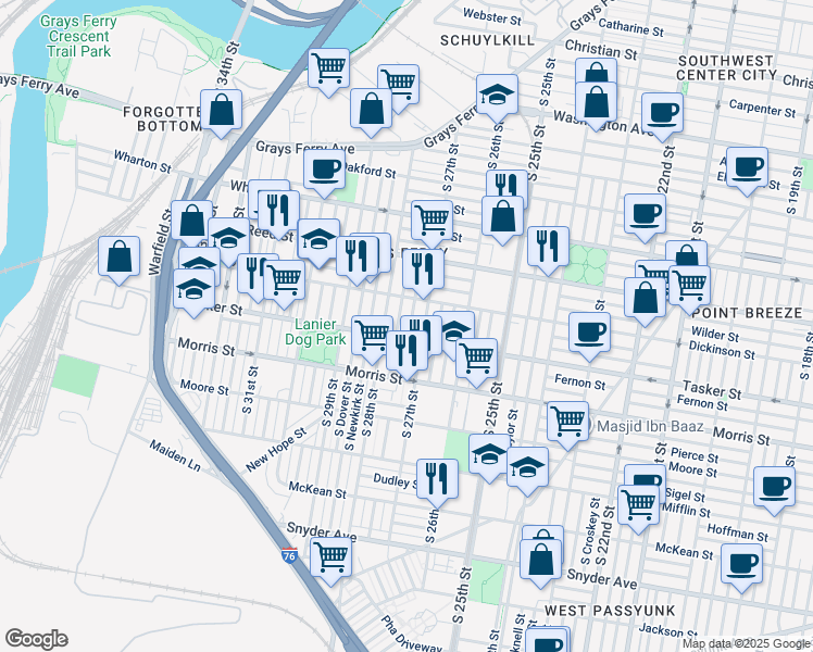 map of restaurants, bars, coffee shops, grocery stores, and more near 1540 South Etting Street in Philadelphia