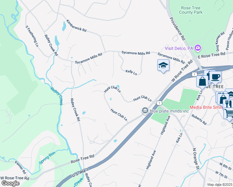 map of restaurants, bars, coffee shops, grocery stores, and more near 1232 Hunt Club Lane in Media
