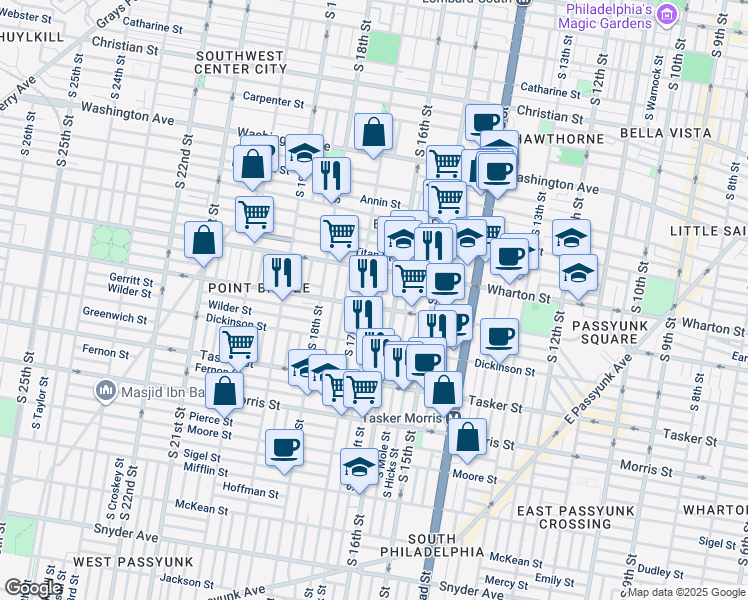 map of restaurants, bars, coffee shops, grocery stores, and more near 1339 South Chadwick Street in Philadelphia