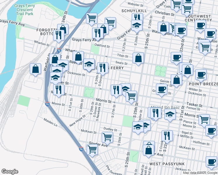 map of restaurants, bars, coffee shops, grocery stores, and more near 1540 South Marston Street in Philadelphia