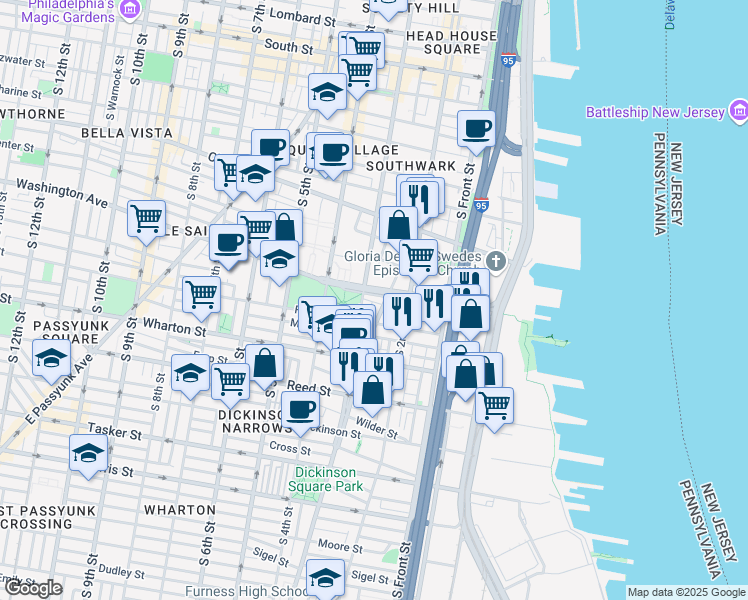 map of restaurants, bars, coffee shops, grocery stores, and more near 231 Federal Street in Philadelphia