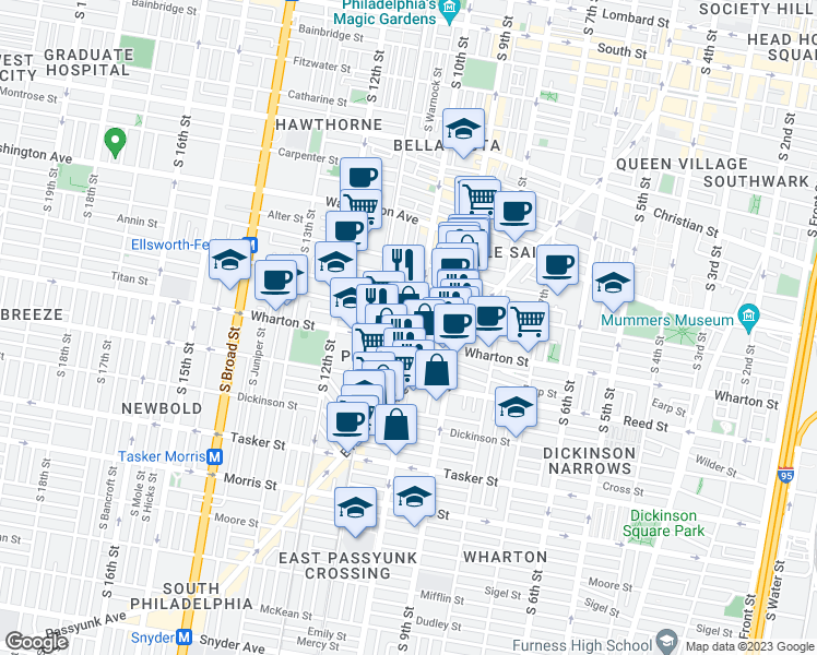 map of restaurants, bars, coffee shops, grocery stores, and more near 1309 South 10th Street in Philadelphia