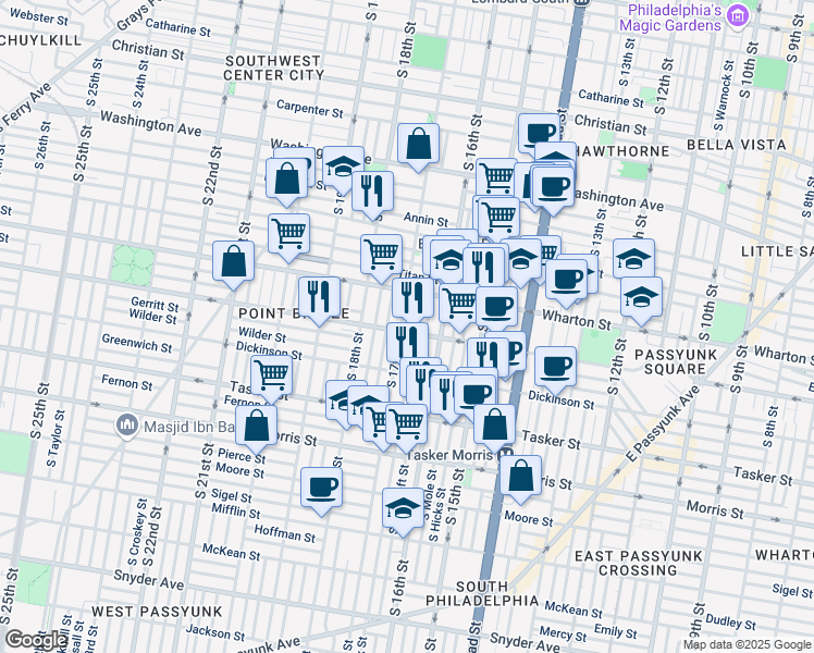 map of restaurants, bars, coffee shops, grocery stores, and more near 1413 South 17th Street in Philadelphia