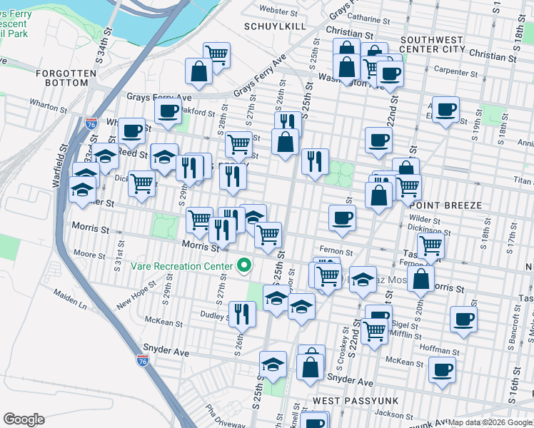 map of restaurants, bars, coffee shops, grocery stores, and more near 1553 South Bambrey Street in Philadelphia