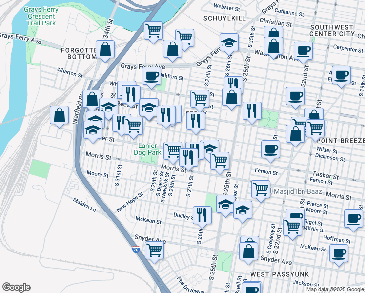map of restaurants, bars, coffee shops, grocery stores, and more near 1540 South Marston Street in Philadelphia