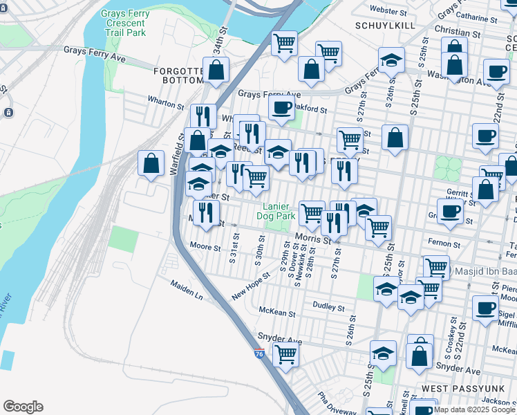 map of restaurants, bars, coffee shops, grocery stores, and more near 1603 South Corlies Street in Philadelphia