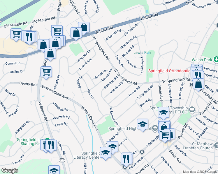map of restaurants, bars, coffee shops, grocery stores, and more near 51 South Britton Road in Springfield